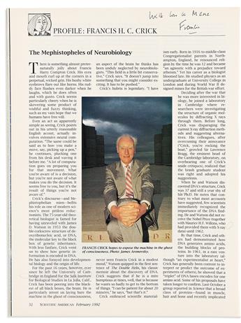 (SCIENTISTS.) CRICK, FRANCIS. Two items, each Inscribed and Signed, "Francis," to his personal assistant, Maria Lang: Complete Scientif